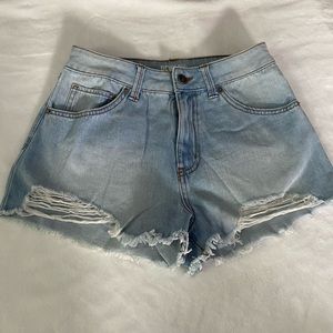 Light wash high rise distressed denim shorts